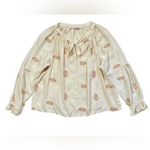 Marie Oliver Silk Ivory Eye Embroidered Tie Neck Peasant Blouse Size Medium